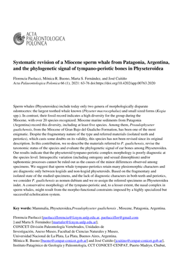 Systematic Revision of a Miocene Sperm Whale from Patagonia, Argentina, and the Phylogenetic Signal of Tympano-Periotic Bones in Physeteroidea