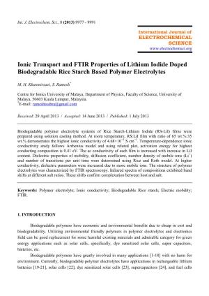 Ionic Transport and FTIR Properties of Lithium Iodide Doped Biodegradable Rice Starch Based Polymer Electrolytes