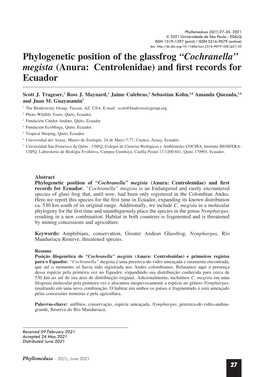 “Cochranella” Megista (Anura: Centrolenidae) and Frst Records for Ecuador
