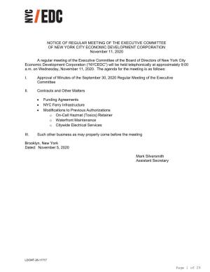 NOTICE of REGULAR MEETING of the EXECUTIVE COMMITTEE of NEW YORK CITY ECONOMIC DEVELOPMENT CORPORATION November 11, 2020 a Regul