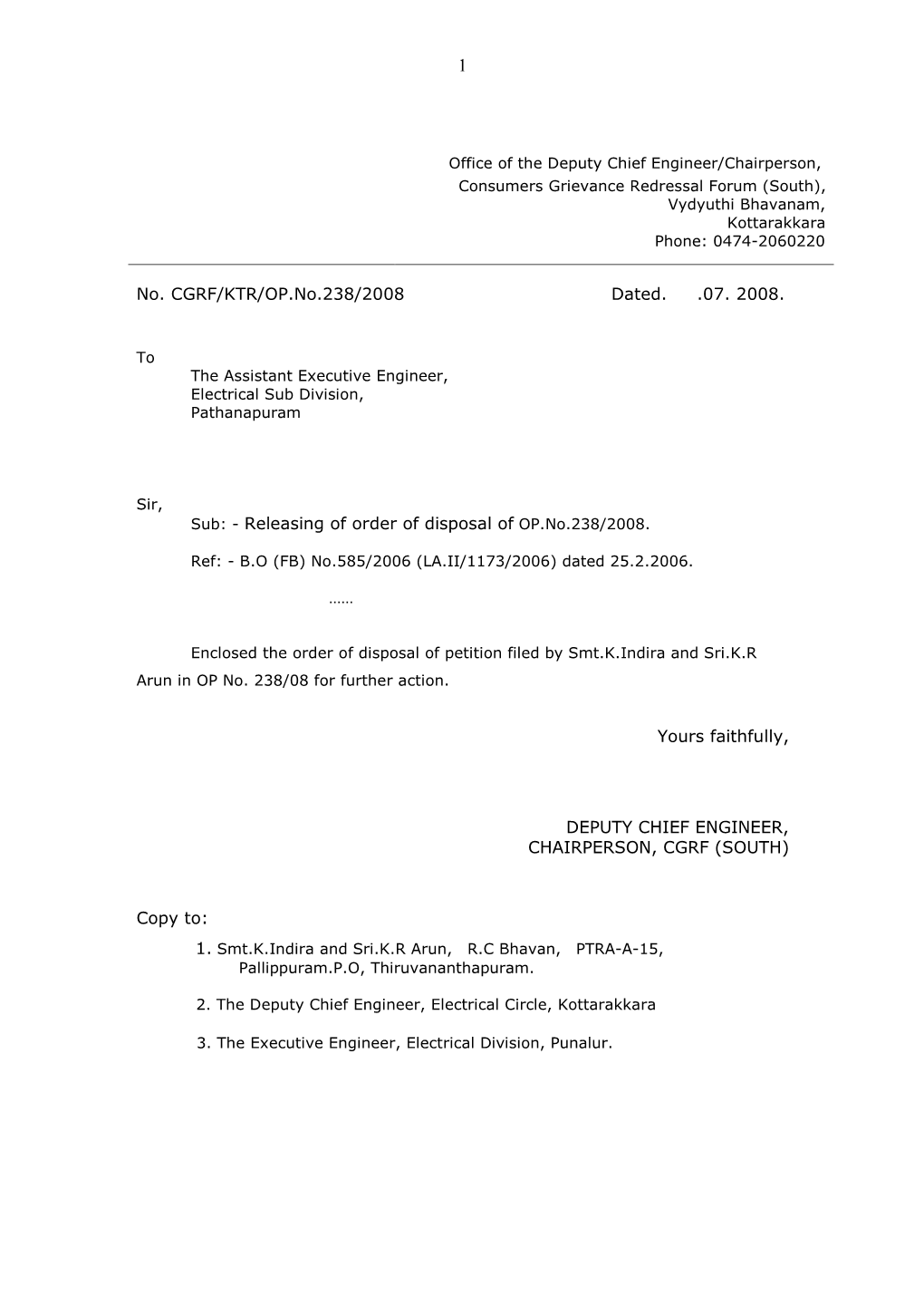 No. CGRF/KTR/OP.No.238/2008 Dated. .07. 2008. Sub