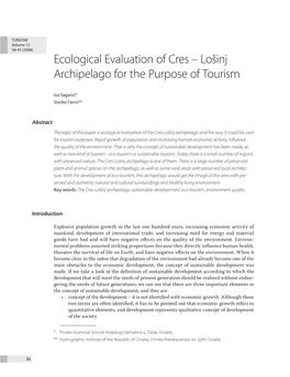 Ecological Evaluation of Cres – Lošinj Archipelago for the Purpose of Tourism