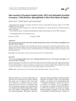 New Records Eunapius Fragilis Ephydatia Fluviatilis Porifera Ebro