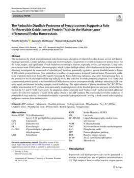 The Reducible Disulfide Proteome of Synaptosomes Supports a Role For