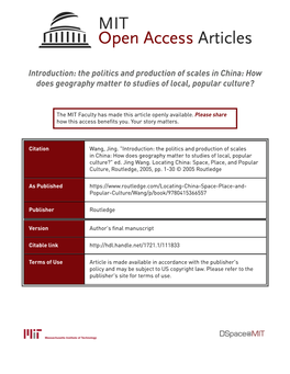 Introduction: the Politics and Production of Scales in China: How Does Geography Matter to Studies of Local, Popular Culture?