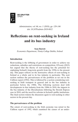 Reflections on Rent-Seeking in Ireland and Its Bus Industry