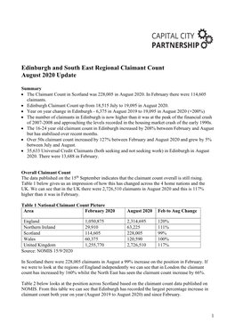 Edinburgh Claimant Count up from 18,515 July to 19,095 in August 2020