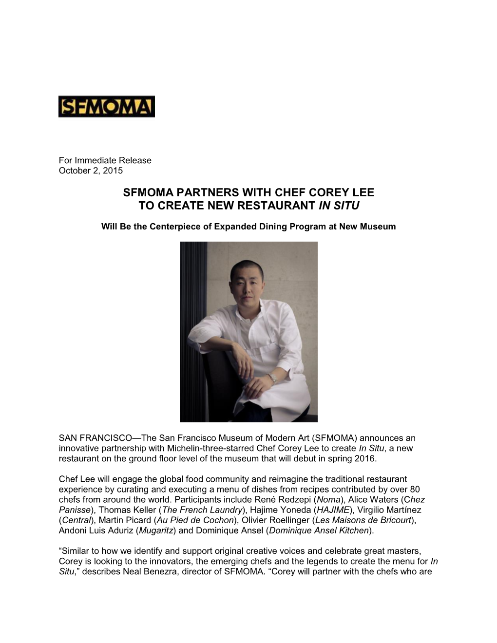 Sfmoma Partners with Chef Corey Lee to Create New Restaurant in Situ