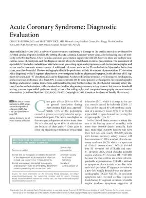 Acute Coronary Syndrome: Diagnostic Evaluation CRAIG BARSTOW, MD, and MATTHEW RICE, MD, Womack Army Medical Center, Fort Bragg, North Carolina JONATHAN D