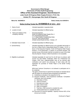 Office of the Assistant Engineer, Sub Division-II Under South 24-Parganas Water Supply Division-I, P.H.E