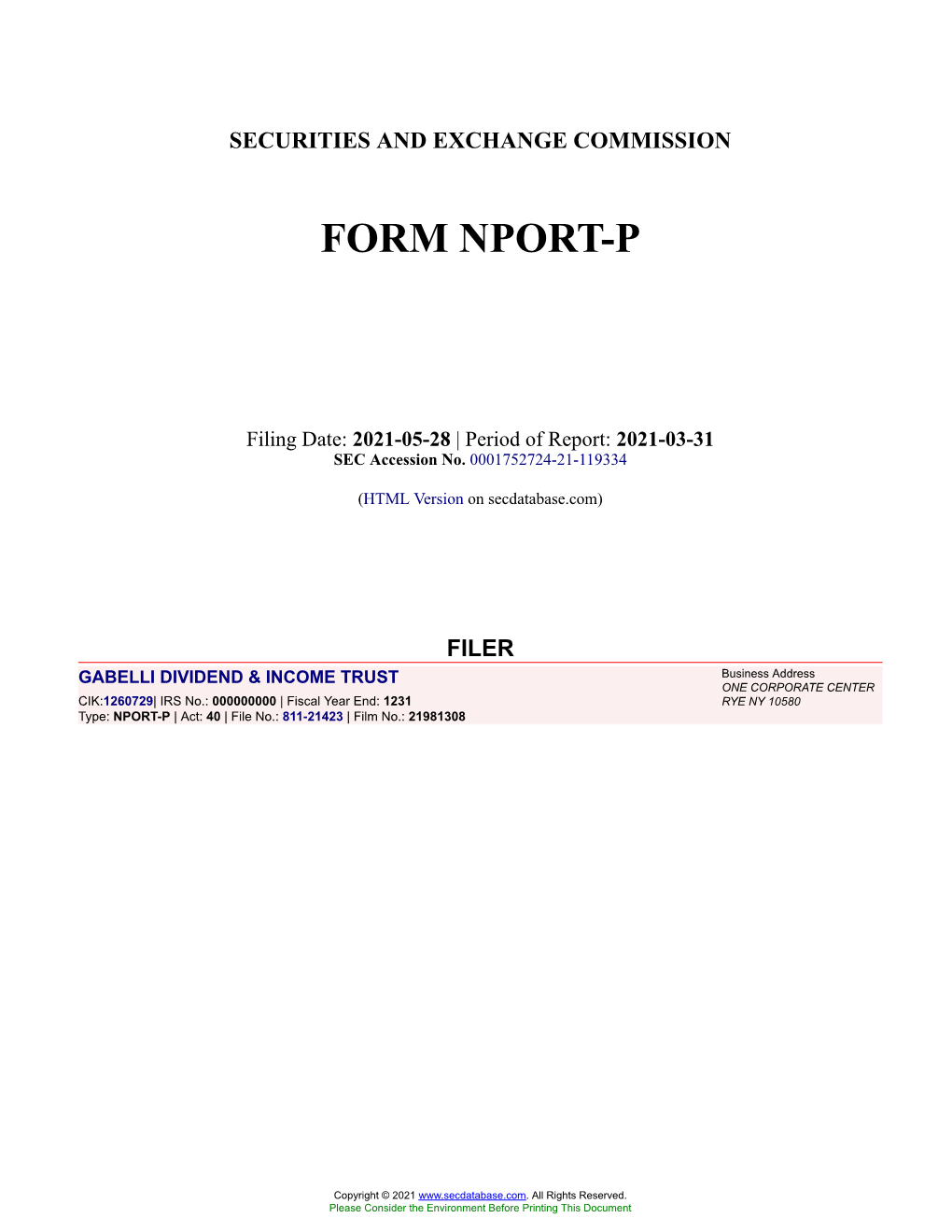 GABELLI DIVIDEND & INCOME TRUST Form