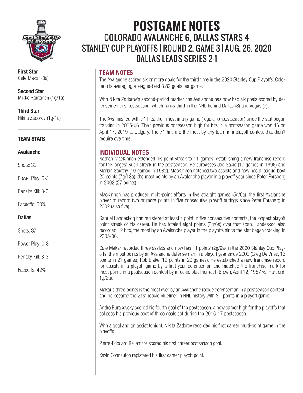 Postgame Notes Colorado Avalanche 6, Dallas Stars 4 Stanley Cup Playoffs | Round 2, Game 3 | Aug