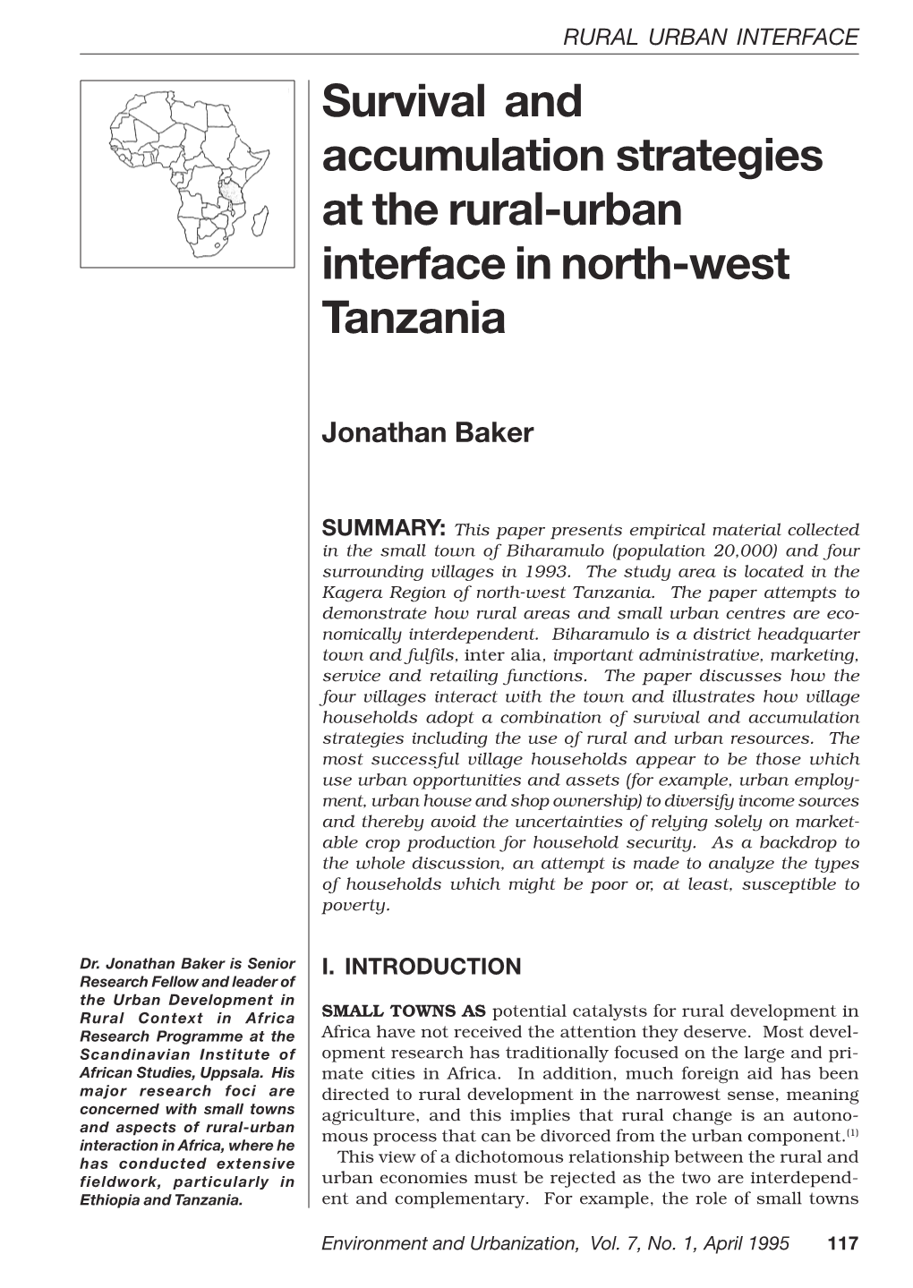 Survival and Accumulation Strategies at the Rural-Urban Interface in North-West Tanzania