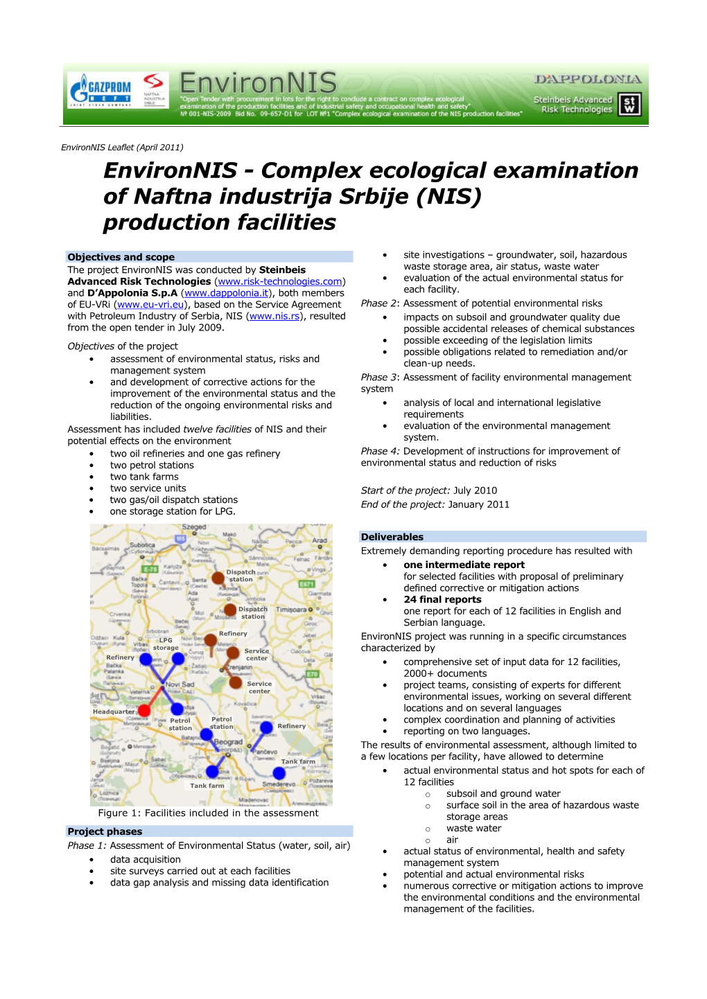 NIS Leaflet (April 2011) Environnis - Complex Ecological Examination of Naftna Industrija Srbije (NIS) Production Facilities