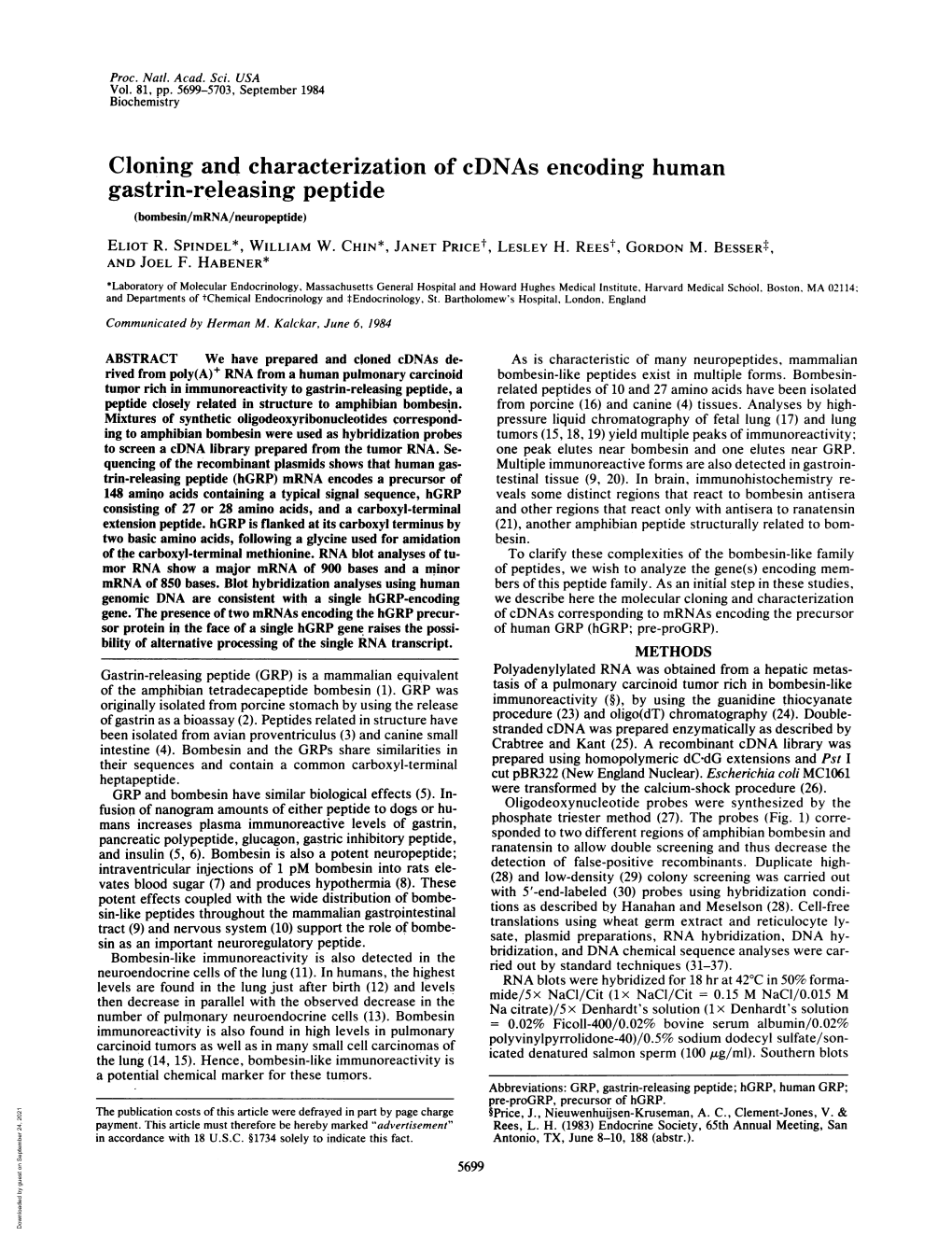 Cloning and Characterization of Cdnas Encoding Human Gastrin-Releasing Peptide (Bombesin/Mrna/Neuropeptide) ELIOT R