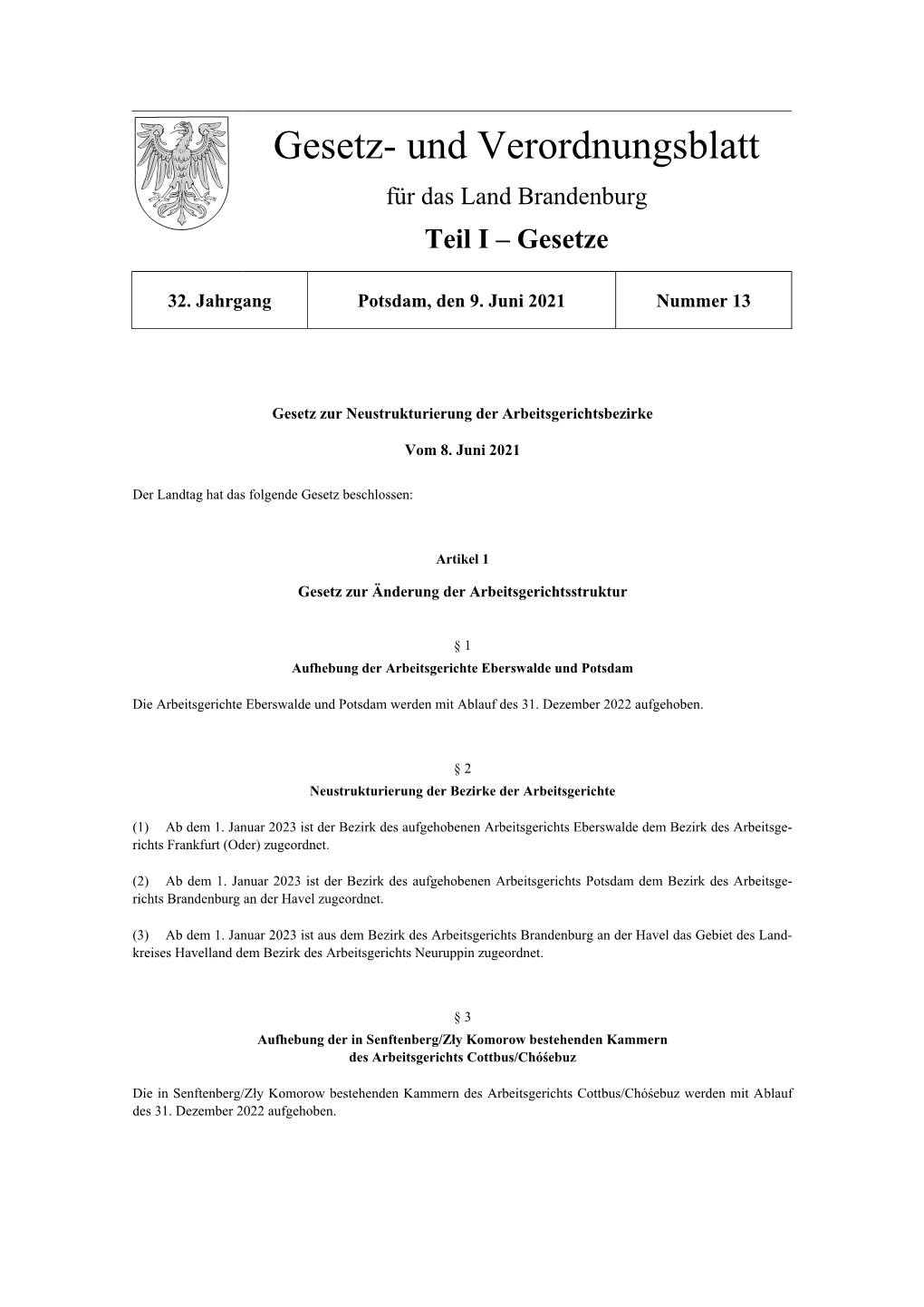 Gesetz- Und Verordnungsblatt Teil I, 2021, Nummer 13