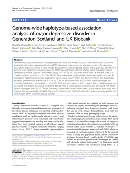 Genome-Wide Haplotype-Based Association Analysis of Major Depressive Disorder in Generation Scotland and UK Biobank David M