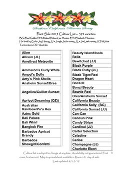 Plant Sale 2019 Cultivar List – 392 Varieties