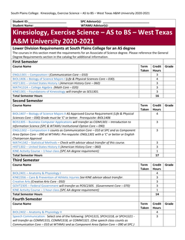 Kinesiology, Exercise Science – AS to BS – West Texas A&M University 2020-2021