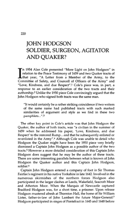 John Hodgson Soldier, Surgeon, Agitator and Quaker?