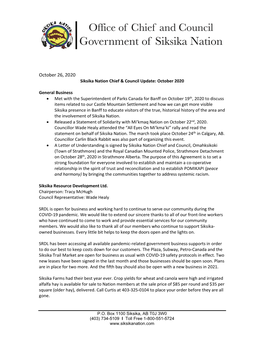 October 26, 2020 Siksika Nation Chief & Council Update: October 2020