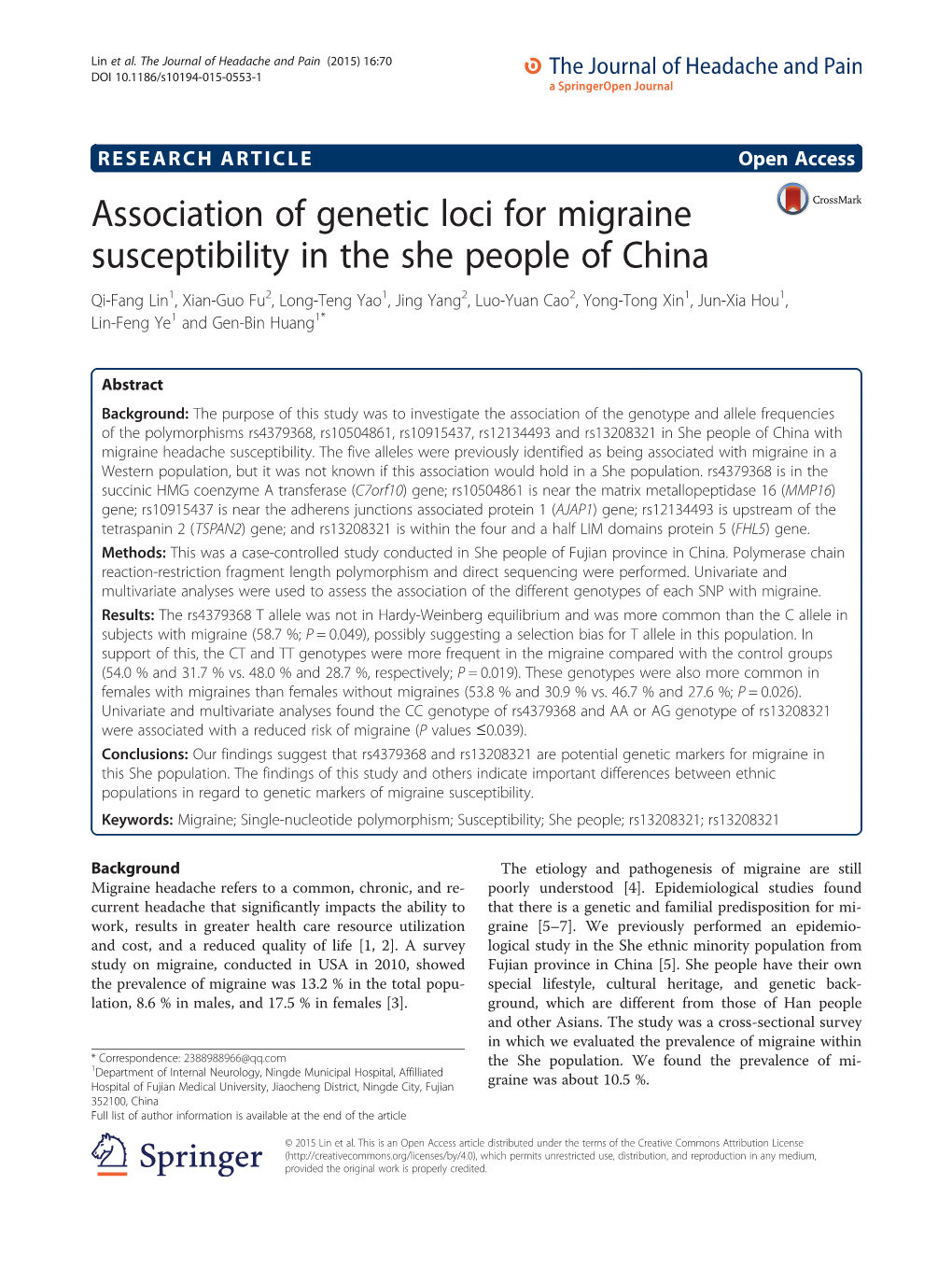 Association of Genetic Loci for Migraine Susceptibility in the She People of China