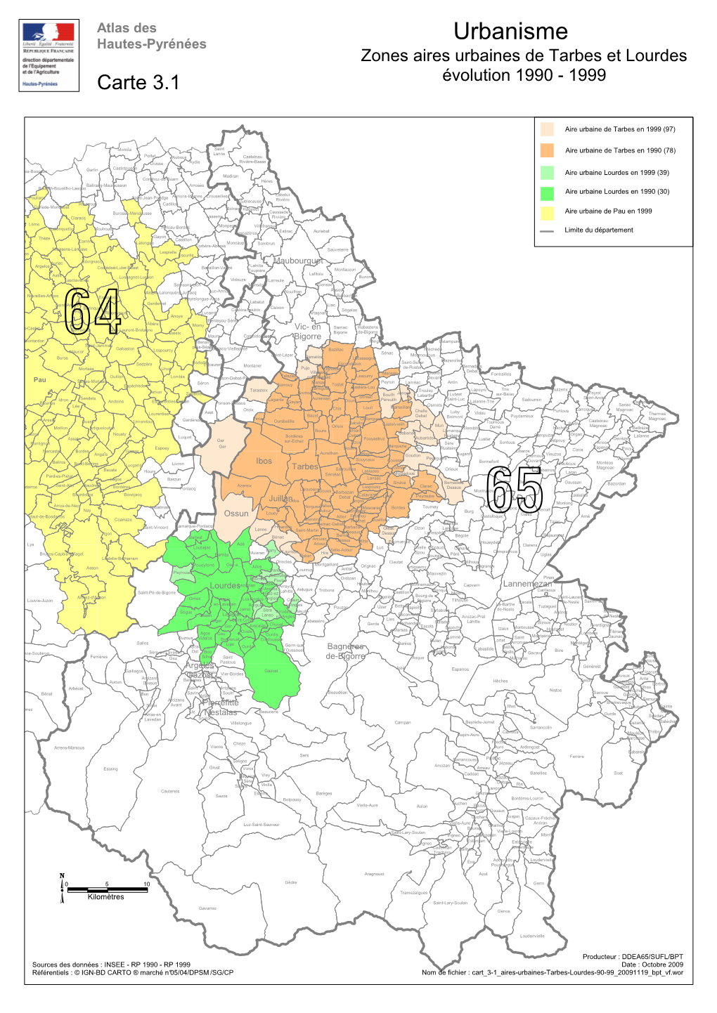 Urbanisme Hautes-Pyrénées Zones Aires Urbaines De Tarbes Et Lourdes Carte 3.1 Évolution 1990 - 1999