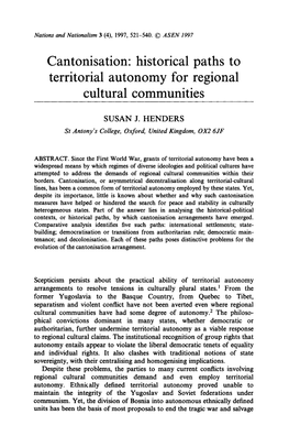 Cantonisation: Historical Paths to Territorial Autonomy for Regional Cultur A1 Communities