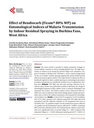 Effect of Bendiocarb (Ficam® 80% WP) on Entomological Indices of Malaria Transmission by Indoor Residual Spraying in Burkina Faso, West Africa