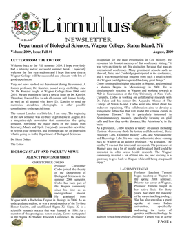 NEWSLETTER Department of Biological Sciences, Wagner College, Staten Island, NY Volume 2009, Issue Fall-01 August, 2009
