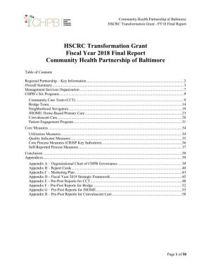 HSCRC Transformation Grant Fiscal Year 2018 Final Report Community Health Partnership of Baltimore