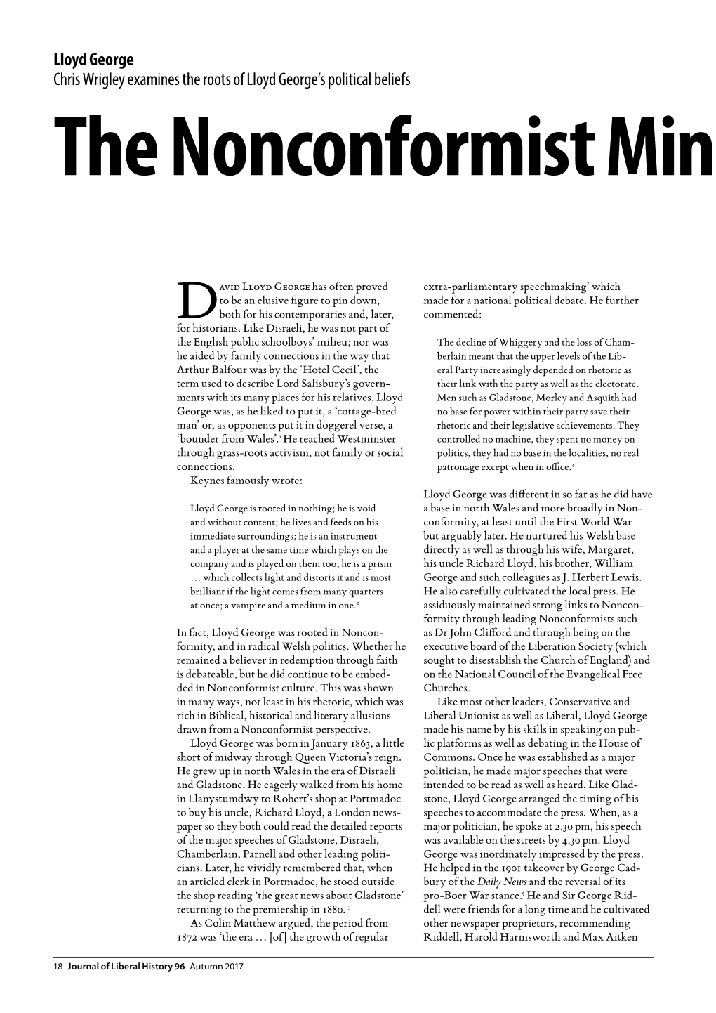 Lloyd George Chris Wrigley Examines the Roots of Lloyd George’S Political Beliefs the Nonconformist Mind of David Lloyd George