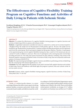 The Effectiveness of Cognitive Flexibility Training Program on Cognitive Functions and Activities of Daily Living in Patients with Ischemic Stroke