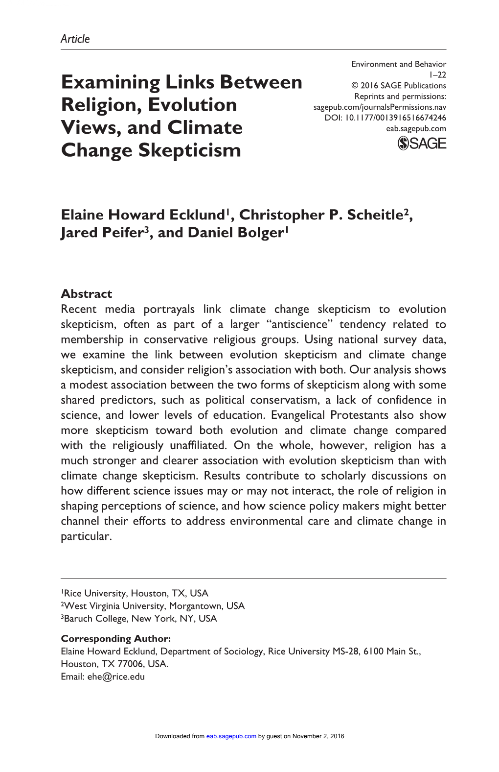 Examining Links Between Religion, Evolution Views, and Climate