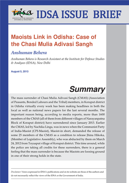 Maoists Link in Odisha: Case of the Chasi Mulia Adivasi Sangh Anshuman Behera