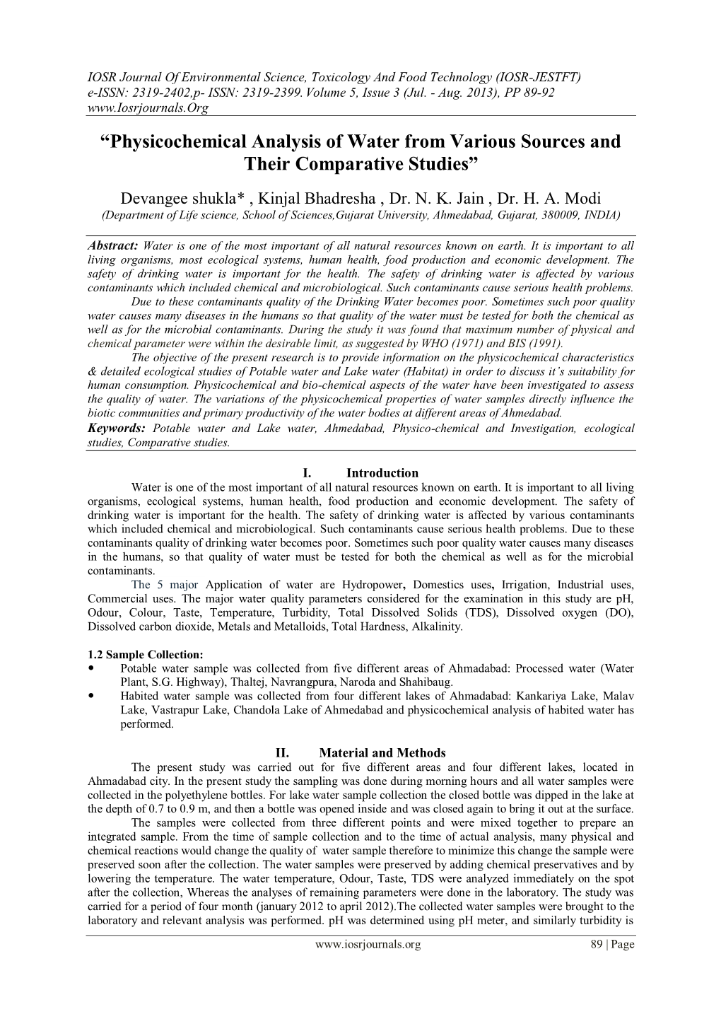 “Physicochemical Analysis of Water from Various Sources and Their Comparative Studies”