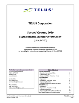Supplemental Investor Information Second Quarter, 2020 TELUS