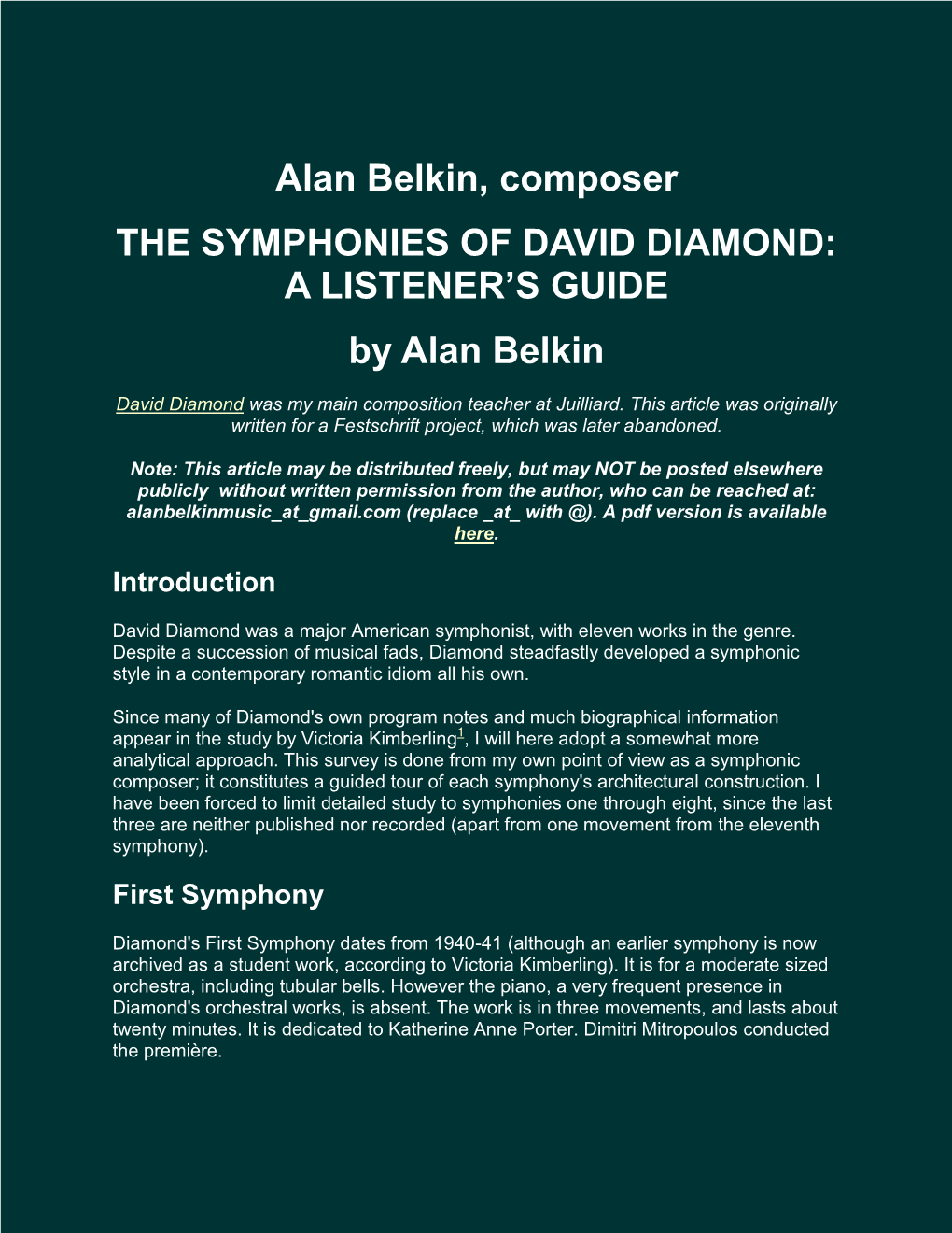 DAVID DIAMOND: a LISTENER’S GUIDE by Alan Belkin