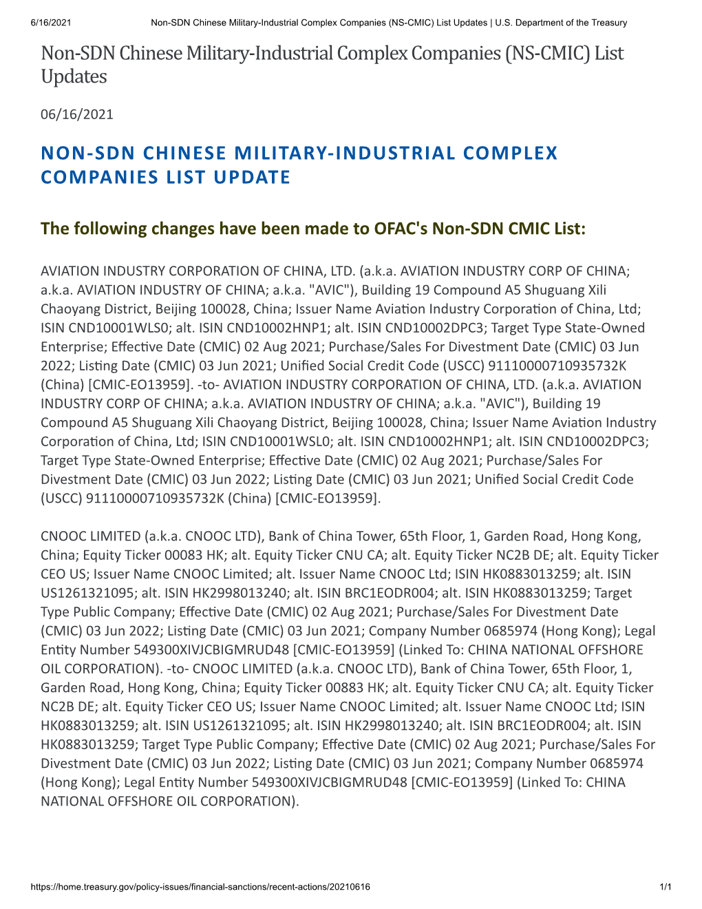 Non-SDN Chinese Military-Industrial Complex Companies (NS-CMIC) List Updates | U.S