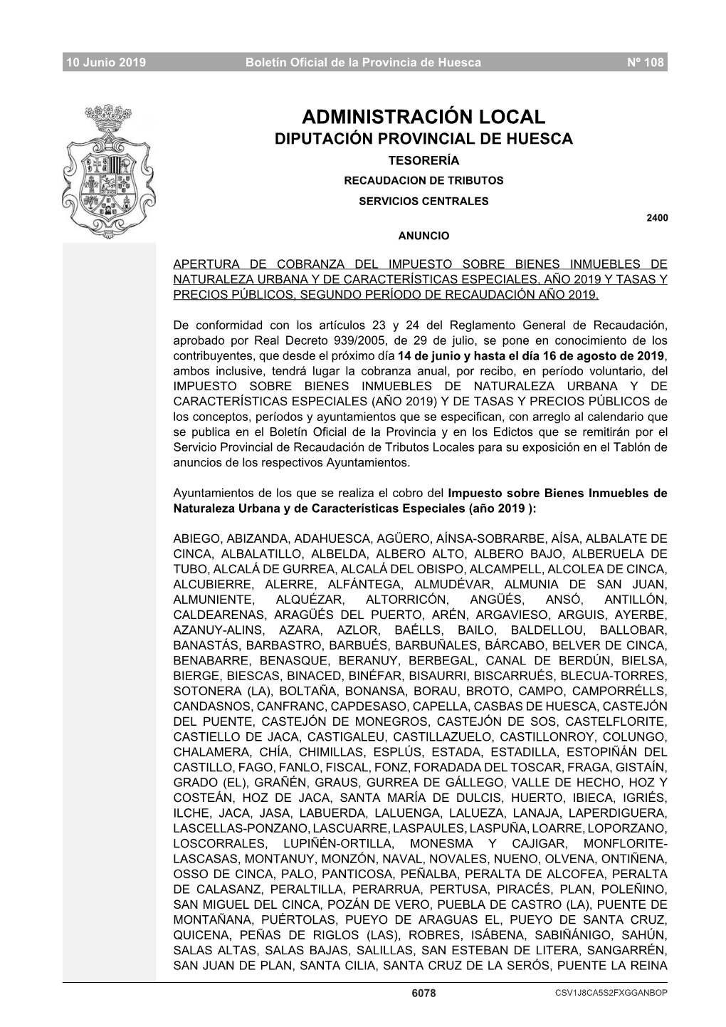 Administración Local Diputación Provincial De Huesca Tesorería Recaudacion De Tributos Servicios Centrales 2400 Anuncio