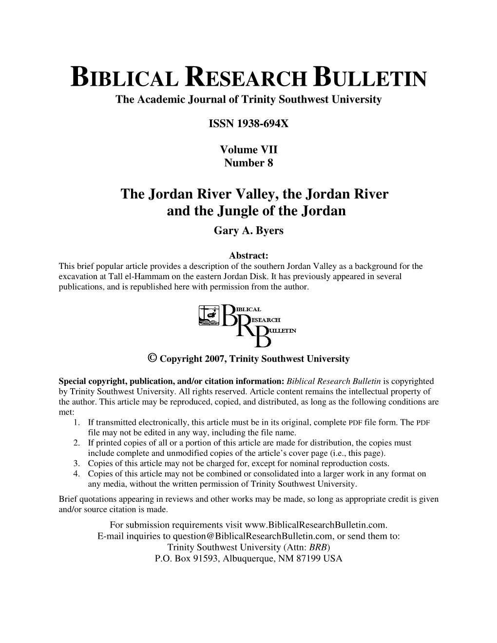 BIBLICAL RESEARCH BULLETIN the Academic Journal of Trinity Southwest University