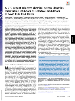 A CTG Repeat-Selective Chemical Screen Identifies Microtubule Inhibitors As Selective Modulators of Toxic CUG RNA Levels