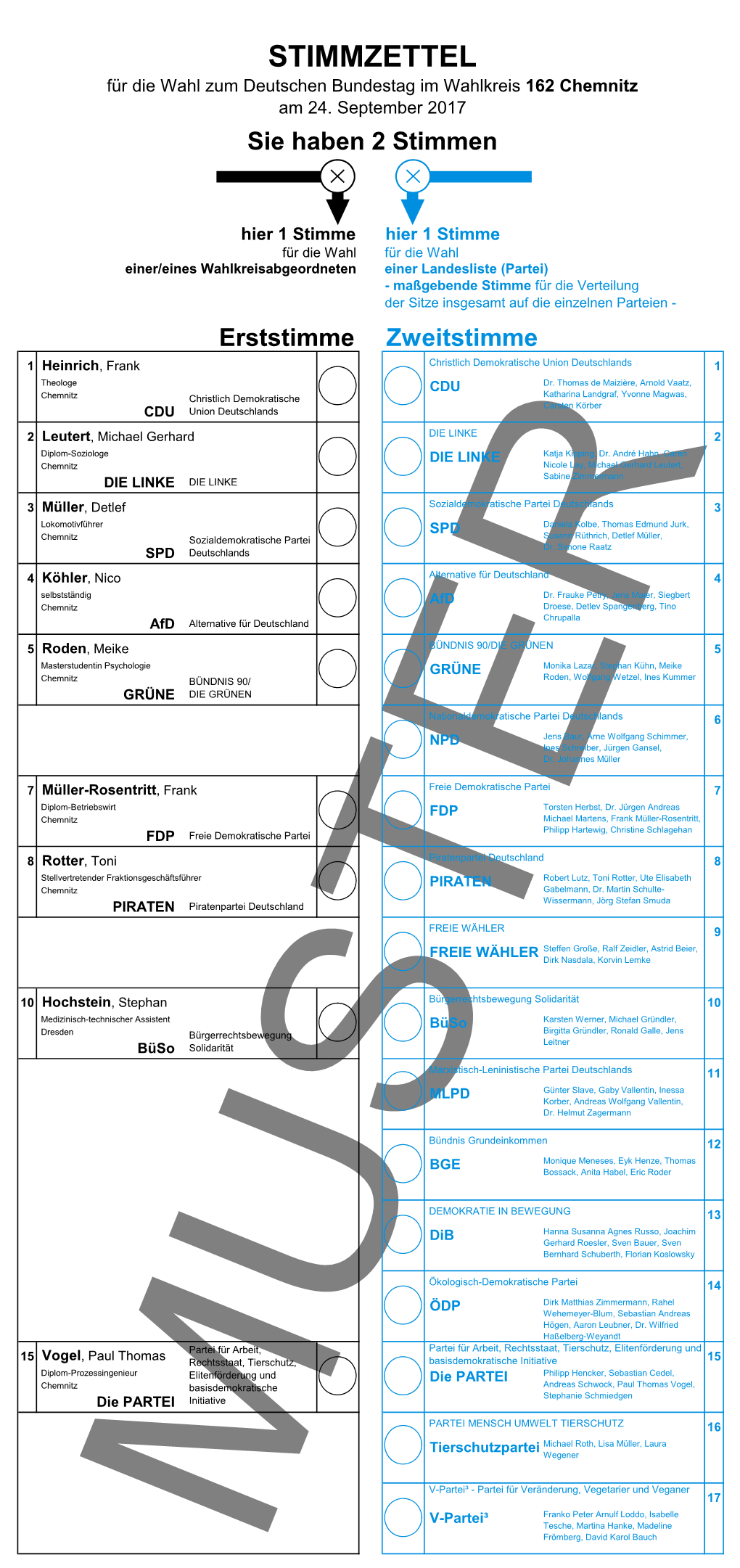 STIMMZETTEL Für Die Wahl Zum Deutschen Bundestag Im Wahlkreis 162 Chemnitz Am 24