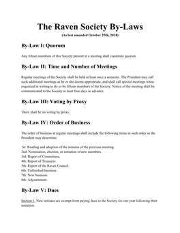 The Raven Society By-Laws (As Last Amended October 25Th, 2018)