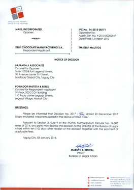 4^2. Dated 22 December 2017 (Copy Enclosed) Was Promulgated in the Above Entitled Case