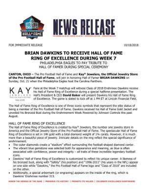 Brian Dawkins to Receive Hall of Fame Ring of Excellence During Week 7 Philadelphia Eagles to Pay Tribute to Hall of Famer During Special Ceremony