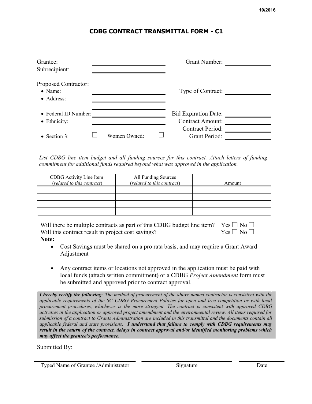 Cdbg Contract Transmittal Form - C1