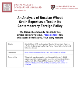 An Analysis of Russian Wheat Grain Export As a Tool in Its Contemporary Foreign Policy