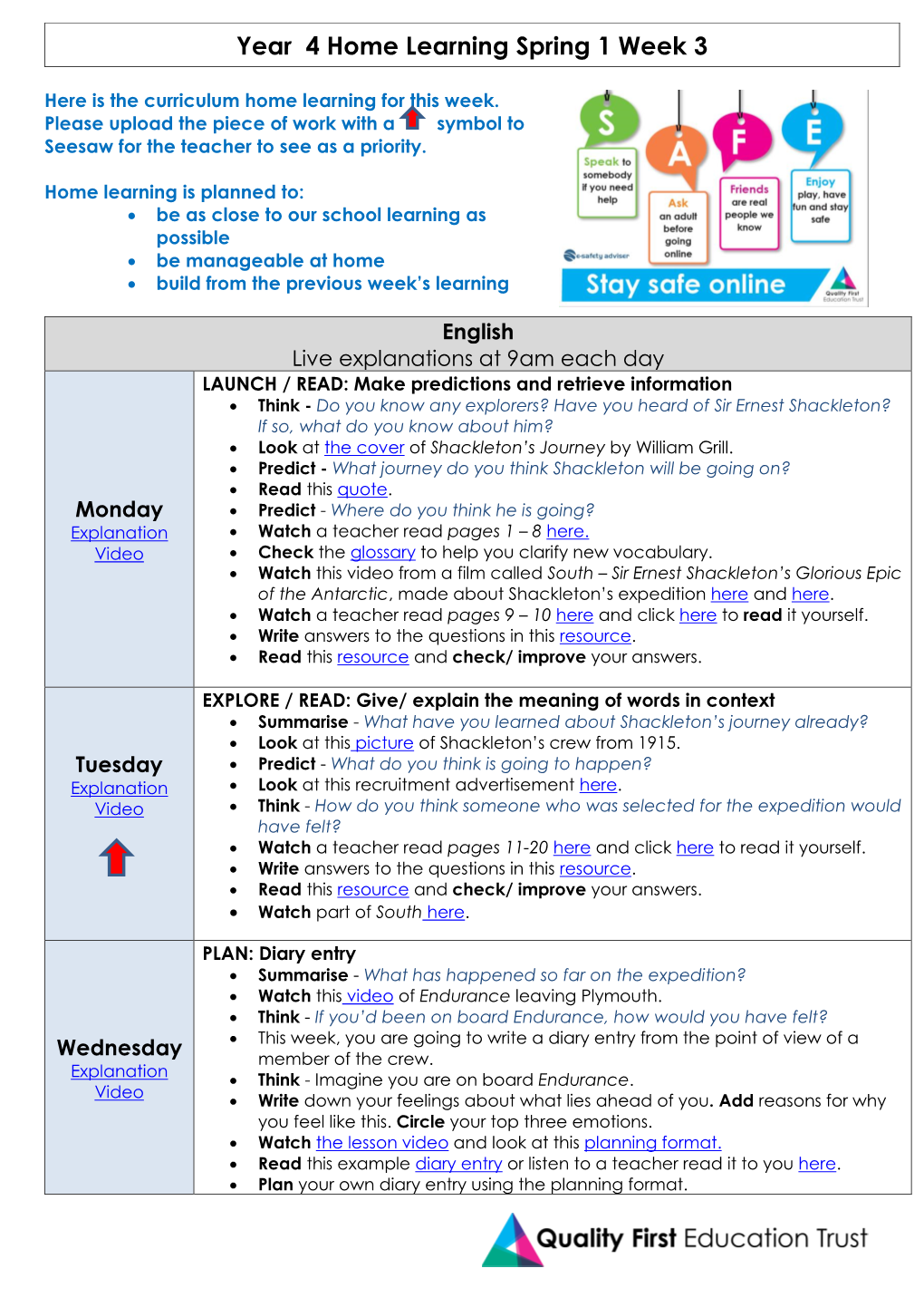 Spring 1 Week 3 Year 4 Home Learning Plan