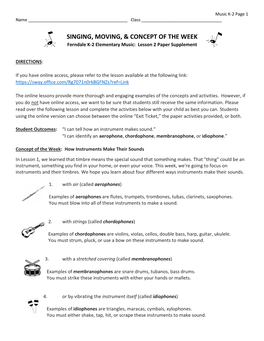 Music K-2 Page 1 Name ______Class ______